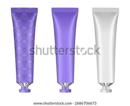 Set of cosmetic tubes with small screw cap. 3d mockup. Purple pattern and white basic color. Hand cream, mask or lotion.