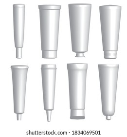 Set of cosmetic tubes.Blank white products design mockup.Packaging for creams, soaps, gels, toothpaste, foams, shampoos and moisturizers.