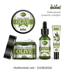 Set of cosmetic. Cosmetic vials for oil, liquid essential, collagen serum. Facial cream and eye cream. Olive extract. Label, sticker. Mock up vector illustration isolated on white background.