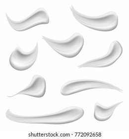 Set of cosmetic white cream texture. Realistic skin cosmetic cream, gel or foam drop isolated on white background. Vector