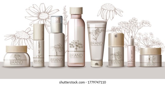 Set of cosmetic with wooden cap. Thermal water, serum, cream, lotion, body mask, spray, milk, tonic. Place for text. Product placement. Herbal Floral background. Realistic vector
