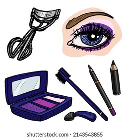 Conjunto de cosméticos y herramientas aisladas en fondo blanco. Ilustración vectorial