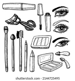 Set of cosmeticks and tools isolated on white background. Eye make up vector illustration