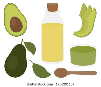 Set of cosmetics from avocado vector. Oil Bottle Cream Fruit Vegetable Leaves