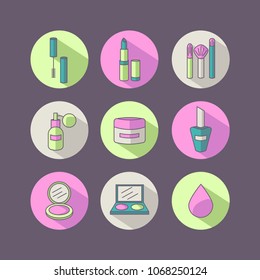 Set of cosmetics, beauty and makeup icons in flat design. Vector illustration. 