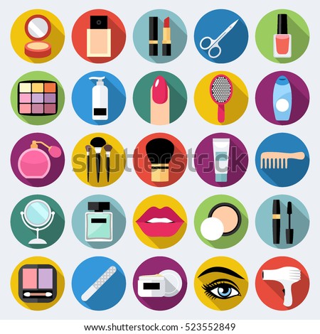 Set of cosmetics, beauty and makeup icons in flat design