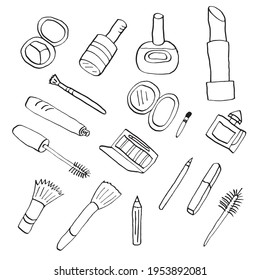 set of cosmetics for beauty salon, hand drawn in doodle style. Vector illustration. Cartoon, can be used in your projects in banners and posters