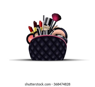 Set of cosmetics with black bag on isolated background.vector