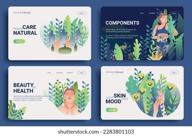 Set of Cosmetics for body care. Collection of posters or banners. Natural organic ingredients for skin care. Advertising and marketing. Cartoon flat vector illustrations isolated on white background