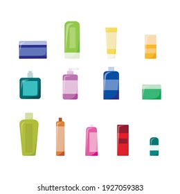 A set of cosmetics. Bottles of shampoo, balm, cream, tonic, mask. Icons in a flat style. Vector illustration