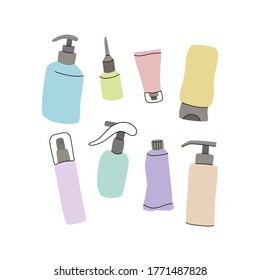 Set of cosmetics bottles for template, sites and products. Hand drawn vector illustration for spray and shampoo, gel and soap. Skin care collection.