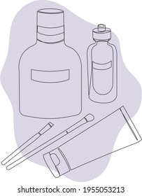 Un conjunto de cosméticos: botellas, tubos, cepillos. Cosméticos para maquillaje de una línea. Ilustración de arte de línea de vector.