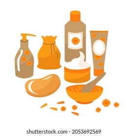 A set of cosmetics with calendula for skin care, spa treatments for face and body. Cream, soap, lotion in jars and tubes. Vector illustration for labels, banners, advertisements.