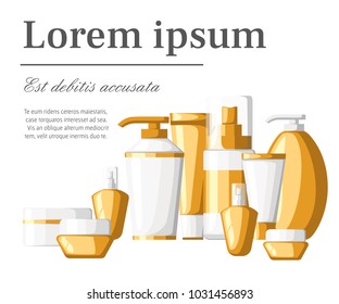 Set of cosmetics containers tubes and bottles white and golden plastic containers bottles with spray vector illustration with place for your text isolated on white background.