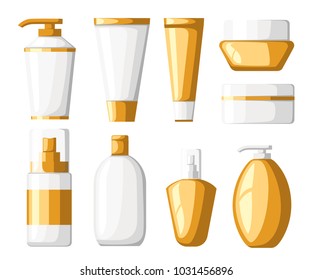 Set of cosmetics containers tubes and bottles white and golden plastic containers bottles with spray vector illustration isolated on white background web site page and mobile app design.
