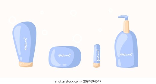 Eine Kosmetikgruppe. Cremes, Seifen und hygienischer Lippenstift. Eine Reihe von Naturkosmetika in Blau.