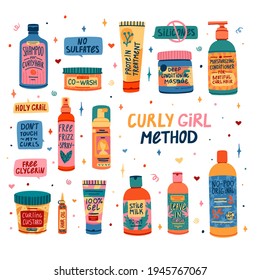 Set of cosmetics for curly hair routine. Illustration for curly girl method. Hair care bottle styling, cleansing, treatment for kinky hair. Doodle style. Vector.