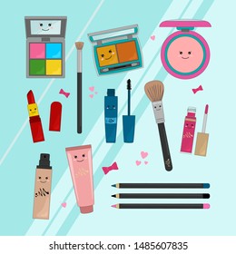 Set of cosmetics with cute faces. Kawaii makeup cosmetics.