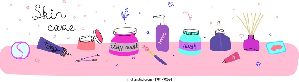 un conjunto de cosméticos de estilo doodle. Ilustración del vector