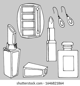set of cosmetics elements, vector illustrations, drawings in black and white, isolate