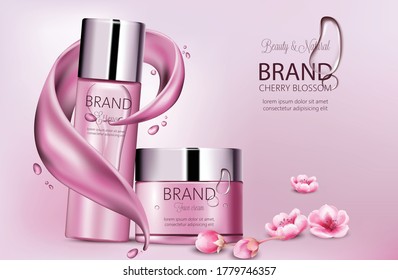 Set of cosmetics with essence and face cream. Product placement. Cherry blossom. Splash waves and drops. Place for brand. Realistic vector