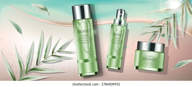 Set of cosmetics with eucalyptus extract. Spray, cream, body milk. Place for text. Beach and seashore background. Realistic. Vector