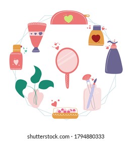 Set of cosmetics for every day, battle, jar, tube cream of skin care. Flat illustration. 