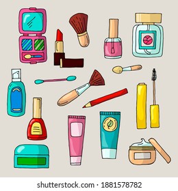 Set of cosmetics. Face and body care products. Vector hand-drawn doodle illustration.
