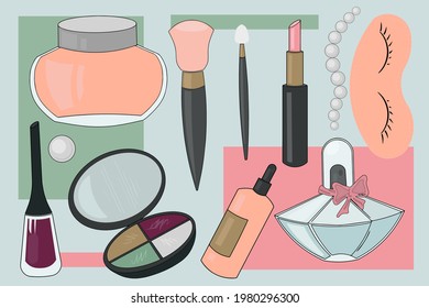 A set of cosmetics for face and skin, as well as accessories, perfume and nail polish. Cream jar, powder, makeup base, sleep mask, eye shadow. Isolated vector illustrations.