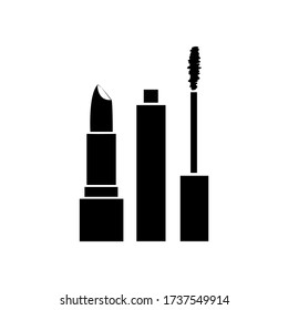 Set of cosmetics in a flat design. Black white silhouette of mascara and lipstick isolated on white background. Cosmetics Icons. Mascara, lipstick flat design. Vector illustration.