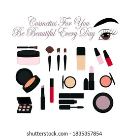 
Set of cosmetics in flat style, beauty set of make-up, shadows, powder, lipstick, varnishes, mascara, foundation, vector illustration on a white background.