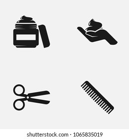 Set of cosmetics flat vector icons isolated on white background. Cream jar, scissors and hair comb illustration.