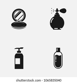 Set of cosmetics flat vector icons isolated on white background. Cosmetic powder with round mirror. Perfume and liquid soap bottles illustration.