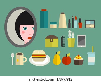 Set of cosmetics and food for the girl. Vector illustration.