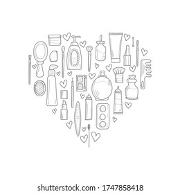 A set of cosmetics in the form of a heart. Black outlines isolated on white background. Perfect for cards, flyers, banners, social media. Vector illustration Flat design. Hand-drawn.