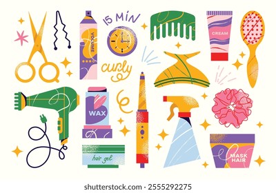 Set cosmetics hair care routine. Beauty care for curly girl method. Hair care bottle styling, cleansing, treatment for kinky hair. Doodle style. Vector illustration isolated on background