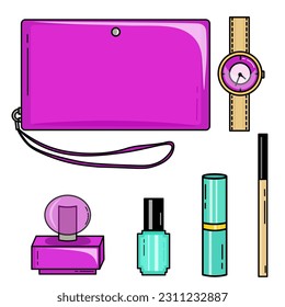 a set of cosmetics and a handbag on a white background