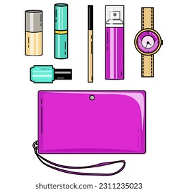 a set of cosmetics and a handbag on a white background