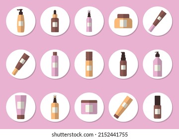 Set of cosmetics icons. Bottlers and tubes. Flat design.