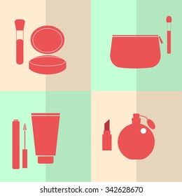 Set of cosmetics icons in flat style. Icon set for Beauty Industry. Make up vector illustration. 