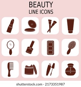 Set of cosmetics icons. Make up. Vector flat isolated. In red colors