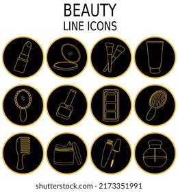 Set of cosmetics icons. Make up. Vector flat isolated. Yellow on the black background