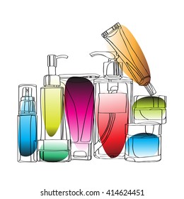 set of cosmetics. isolated on white background. vector illustration isolated on white background - black outline, colored bright spots. Skin care bottles for liquid, cream, gel, lotion. Beauty product