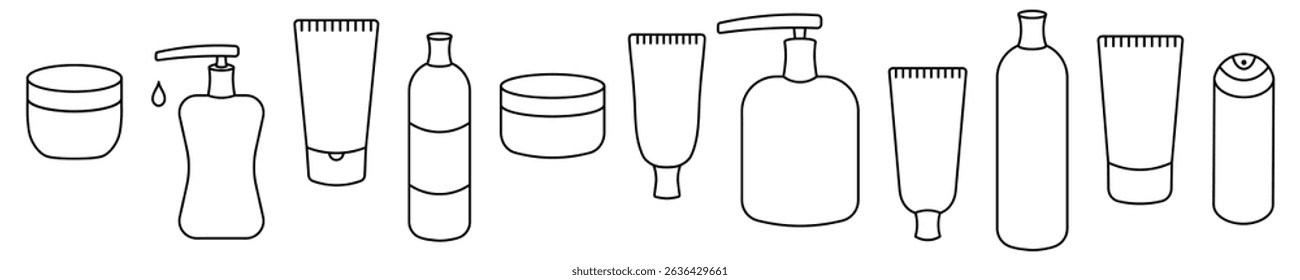 Set of cosmetics in jars, tubes and bottles. Sketch. Vector illustration. Liquid soap, hand cream in a tube, shampoo in a tube, shaving foam in a spray can, face and body cream in a round jar. 