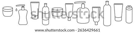 Set of cosmetics in jars, tubes and bottles. Sketch. Vector illustration. Liquid soap, hand cream in a tube, shampoo in a tube, shaving foam in a spray can, face and body cream in a round jar. 