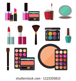 Set of cosmetics, lady makeup accessories lip stick, gloss, nail polish, eye-line, eye shadow, mascara, vector realistic illustration, template for ads