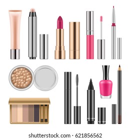 KosmetikSet, Dame Make-up Accessoires Lippenstift, Glanz, Nagellack, Augenglanz, Augenschatten, Mascara, Vektorrealistische Illustration, Vorlage für Anzeigen oder Schönheitsmagazin