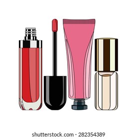 set of cosmetics - lip gloss, perfume and cream tube. vector illustration for your design, cosmetic banners, brochures and promotional items.