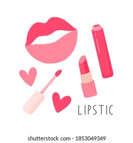 Set cosmetics for lips makeup. Lipstick, lip gloss, kiss. Vector illustration.