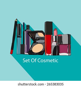 set of cosmetics - lipstick, lip gloss, powder, mascara, eye shadow, pencil and nail polish style flat. vector illustration for promotional items - booklets, brochures, leaflets or banner